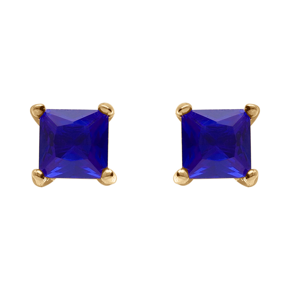 Boucles d'oreilles en plaqué or solitaire oxyde carré bleu foncé 4 griffes et fermoir poussette