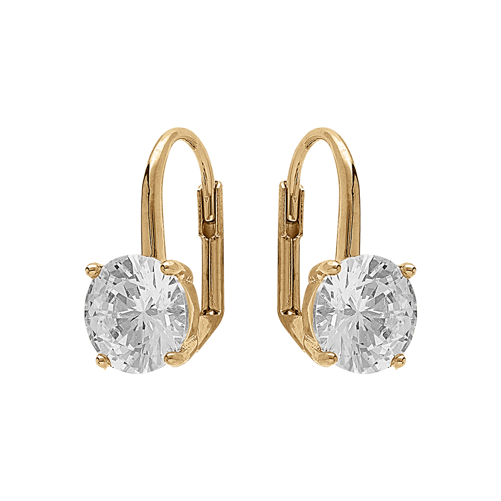 Boucles d'oreilles en plaqué or solitaire oxyde rond blanc 8 mm serti 4 griffes et fermoir dormeuse