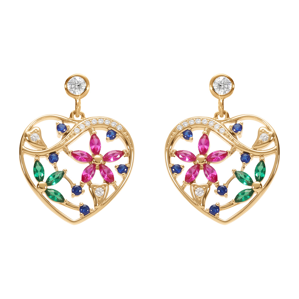 Boucles d'oreille tige en plaqué or coeur avec fleurs d'oxydes multi couleurs