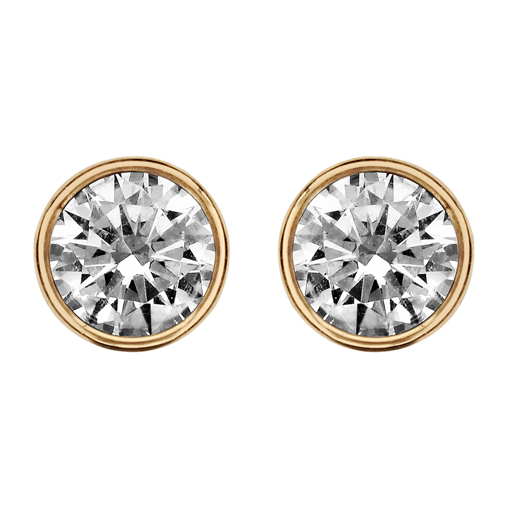 Boucles d'oreilles en plaqué or ronde avec oxyde blanc de 6mm serti clos et fermoir poussette