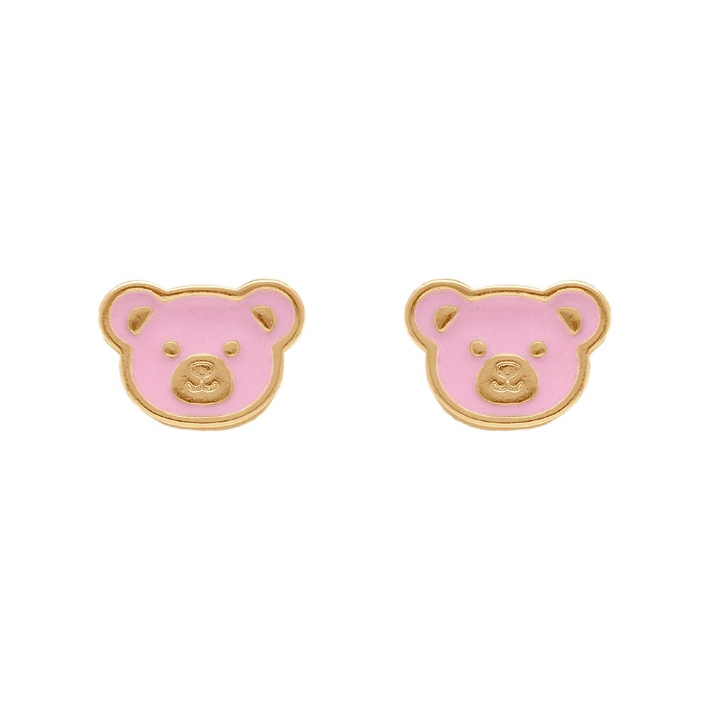 Boucles d'oreille tige en plaqué or - thème ourson rose