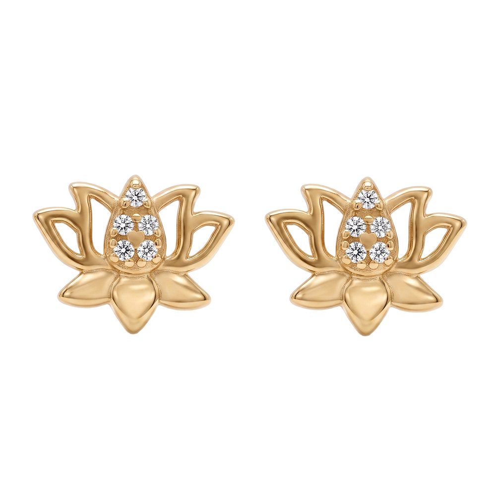 Boucles d'oreille tige en plaqué or fleur de lotus et oxydes blancs