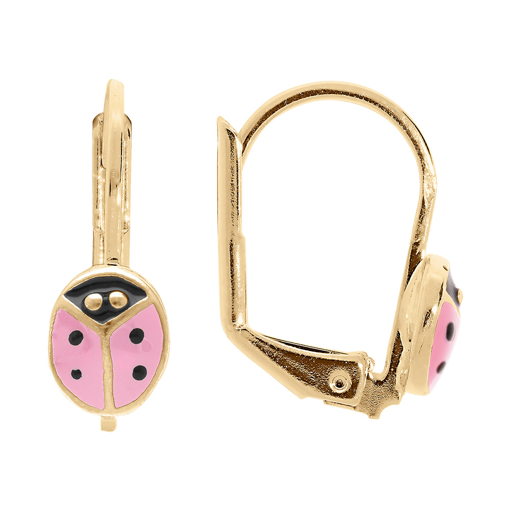 Boucles d'oreille en plaqué or motif coccinelle résine rose -fermoir dormeuse