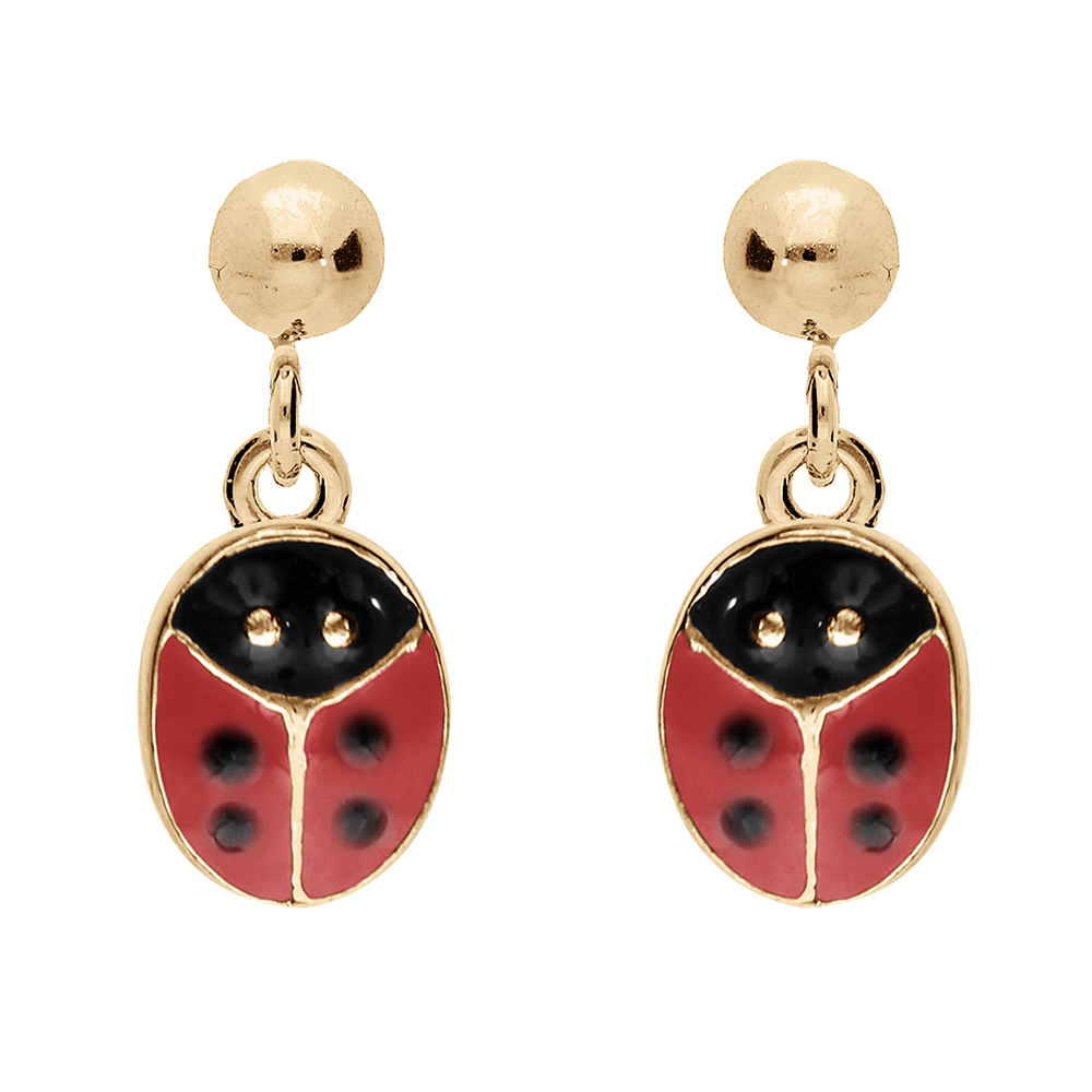 Boucles d'oreille en plaqué or pendante coccinelle rouge et fermoir poussette