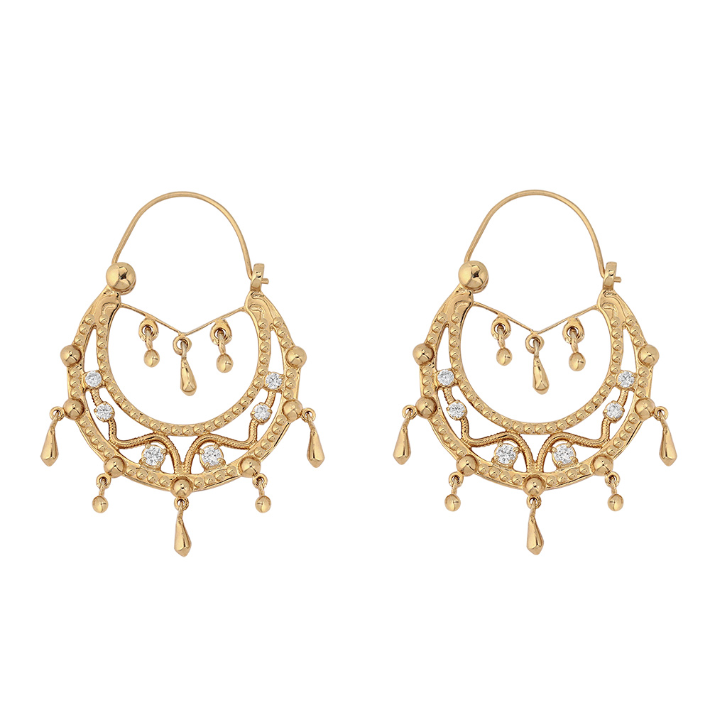 Créoles ethniques en plaqué or ornées de cristal synthétique blanc avec pampilles - diamètre anneaux 23mm