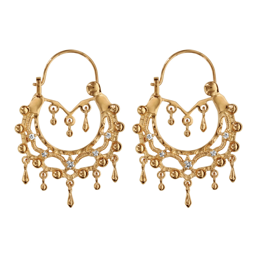 Créoles ethniques en plaqué or ornées de cristal synthétique blanc avec motif étoiles et pampilles - diamètre anneaux 23mm