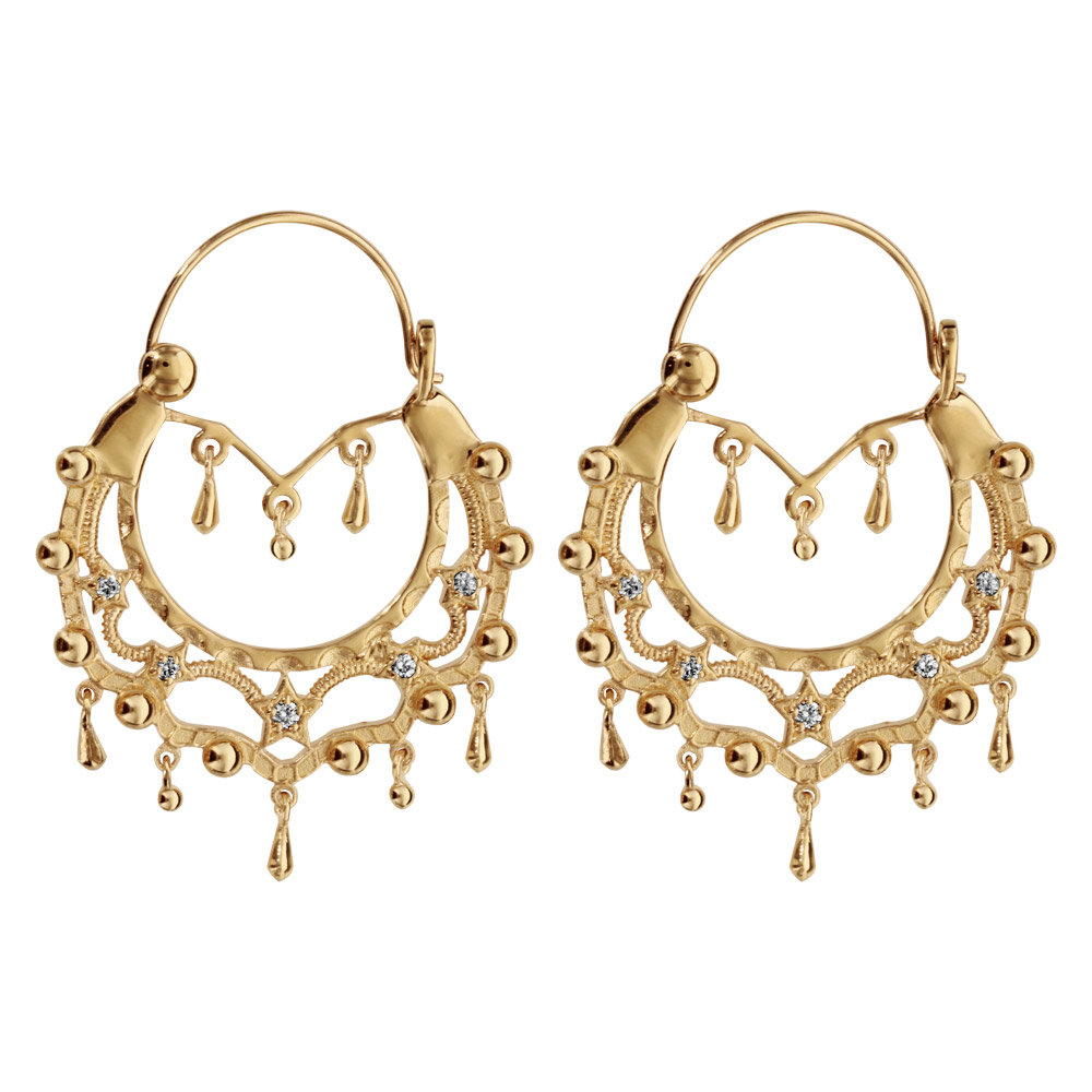 Créoles ethniques en plaqué or ornées de cristal synthétique blanc avec motif étoiles et pampilles - diamètre anneaux 33mm