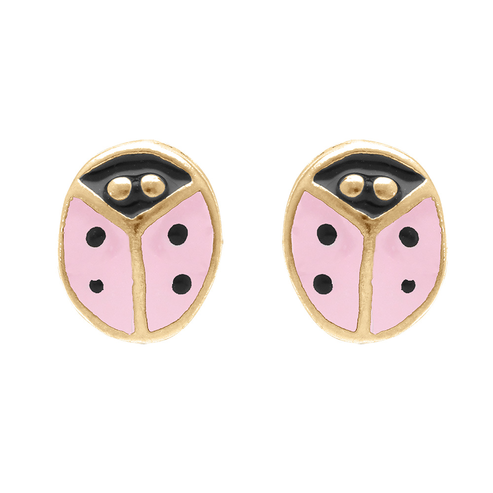 Boucles d'oreille tige en plaqué or puce coccinelle résine rose