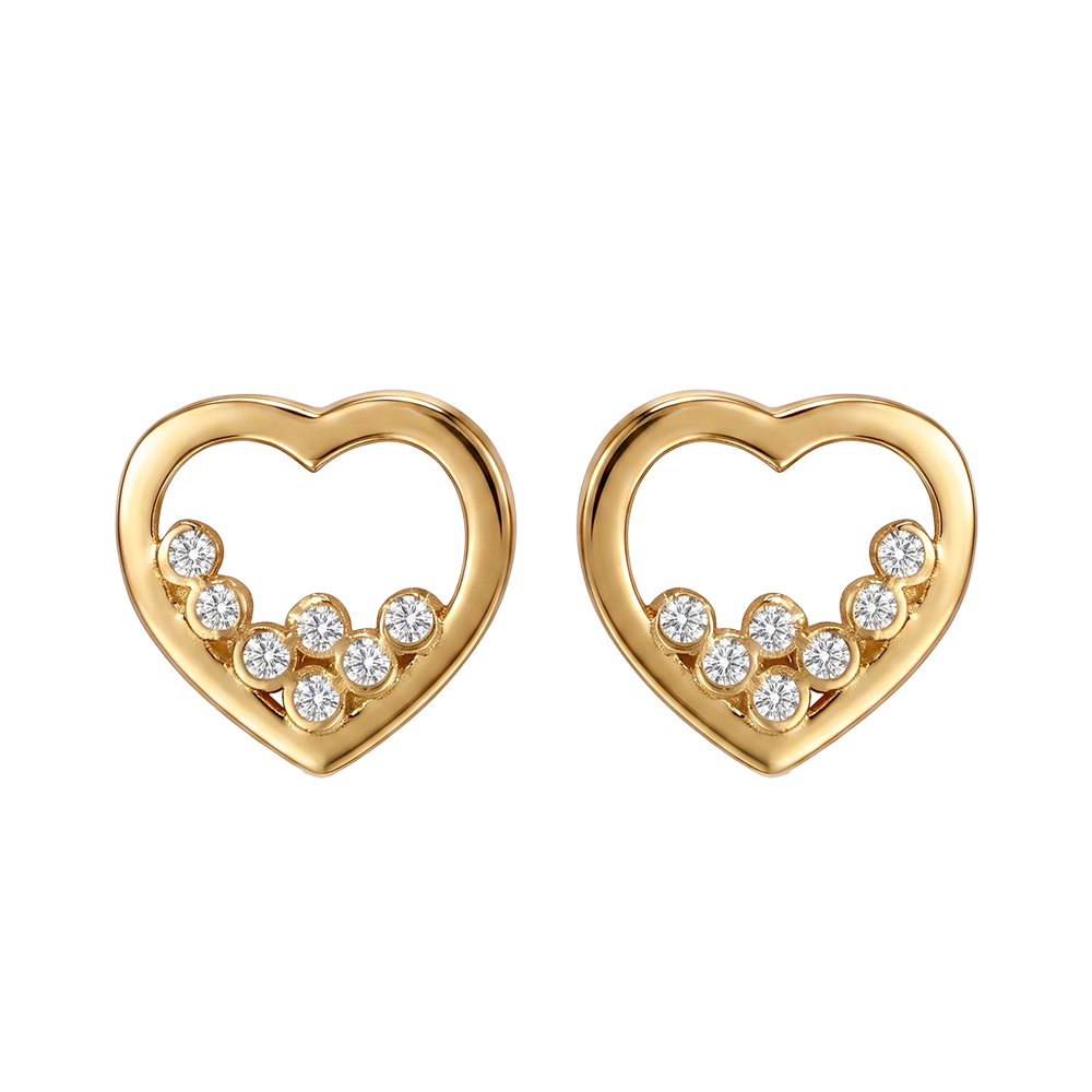 Boucles d'oreilles en plaqué or cœur évidé avec 7 oxydes blancs sertis et fermoir poussette