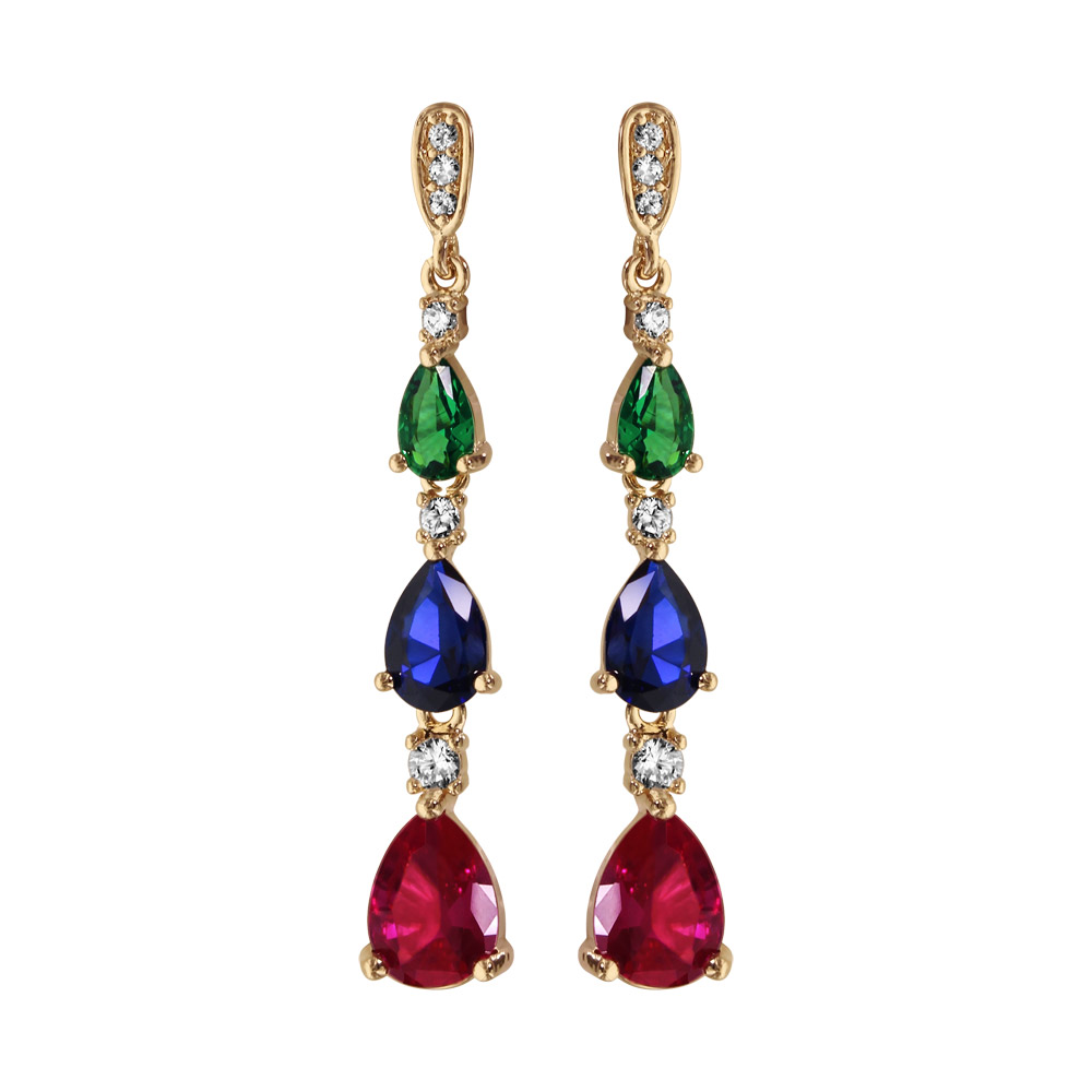 Boucles d'oreilles pendantes en plaqué or 3 pierres multicolores en cascade avec oxydes blancs et fermoir poussette