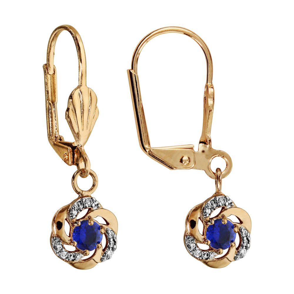 Boucles d'oreilles pendantes en plaqué or fleur suspendue avec cœur bleu foncé et fermoir dormeuse