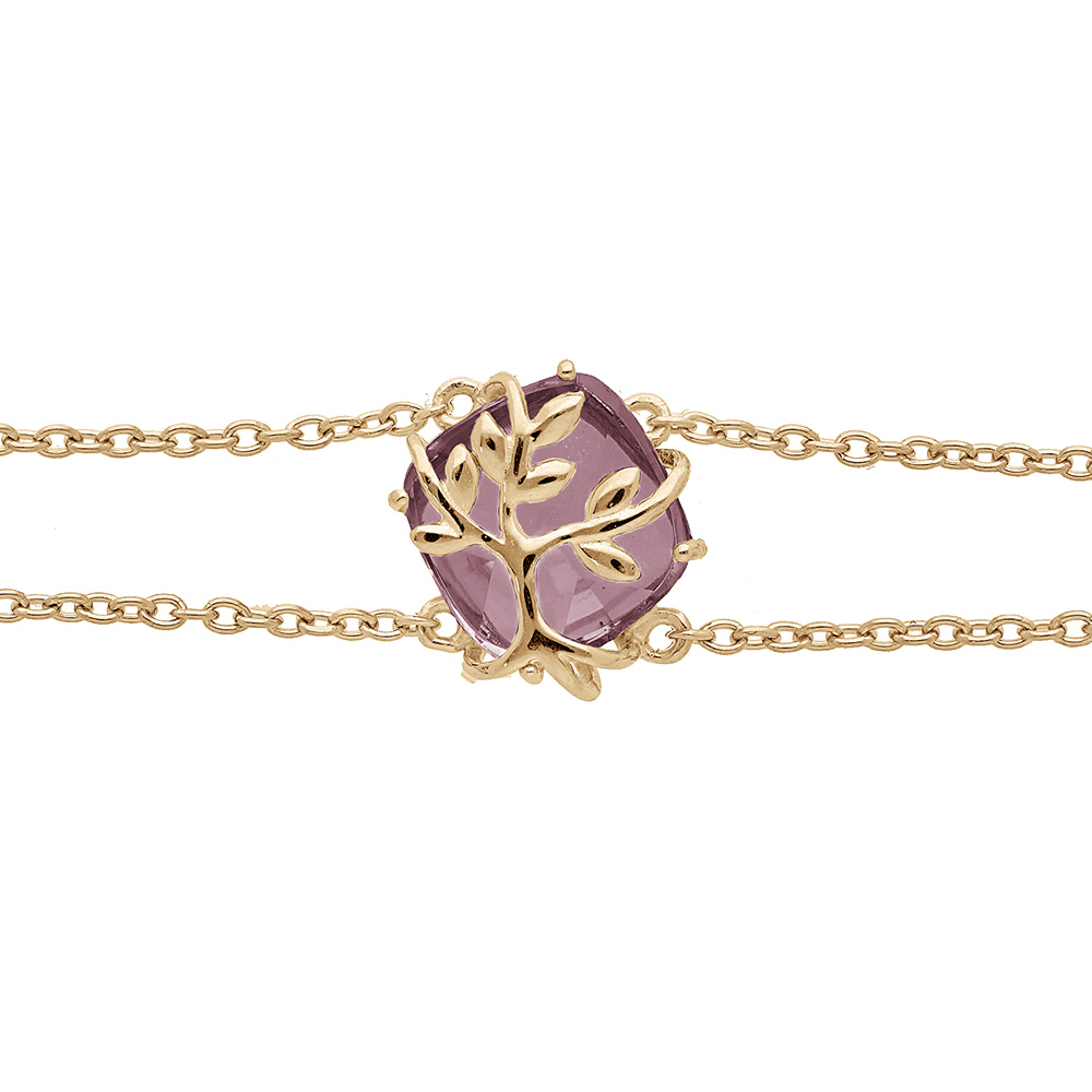 Bracelet en plaqué or double chaîne avec oxyde violet motif arbre de vie 16+3cm
