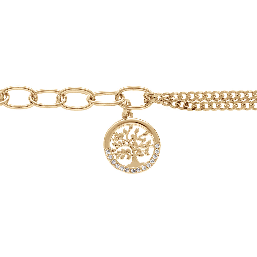 Bracelet en plaqué or double chaîne avec pampille arbre de vie et oxydes blancs serts 17+3cm