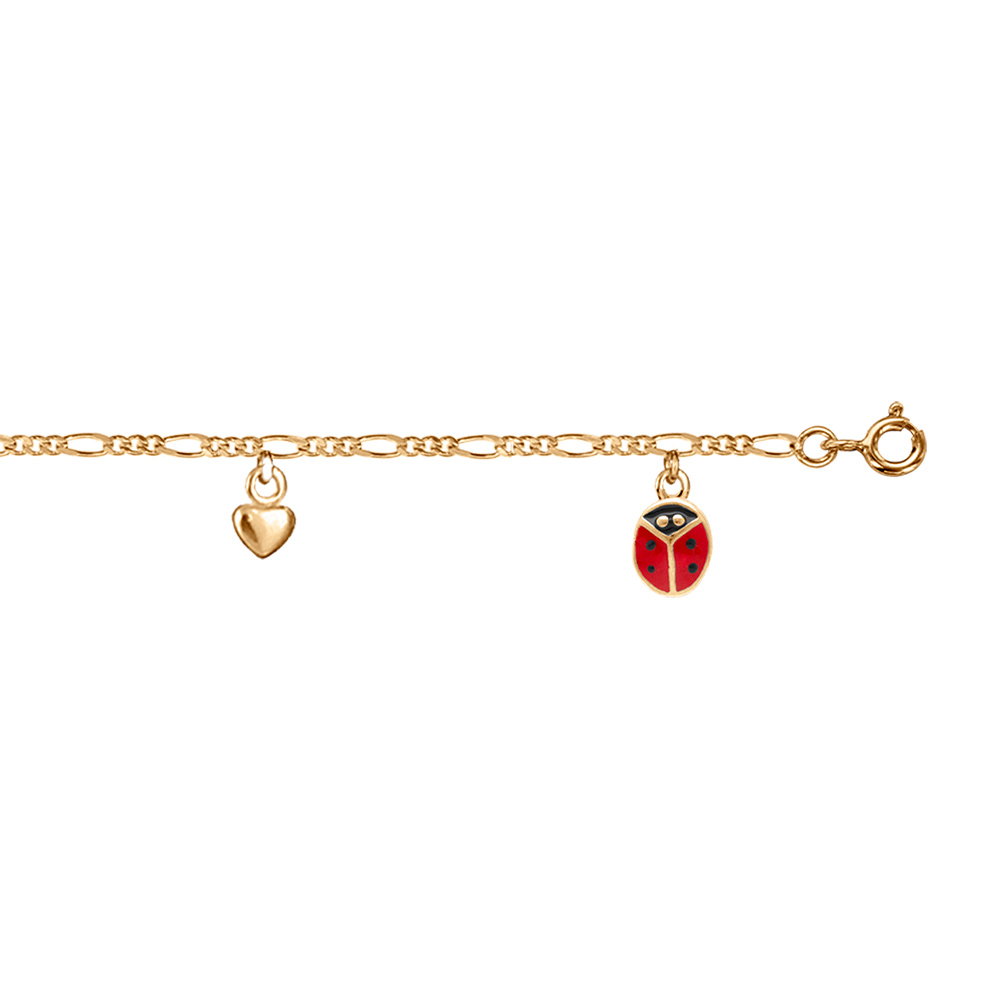 Bracelet enfant en plaqué or chaîne avec pampilles coccinelles rouges et coeurs 14+2cm