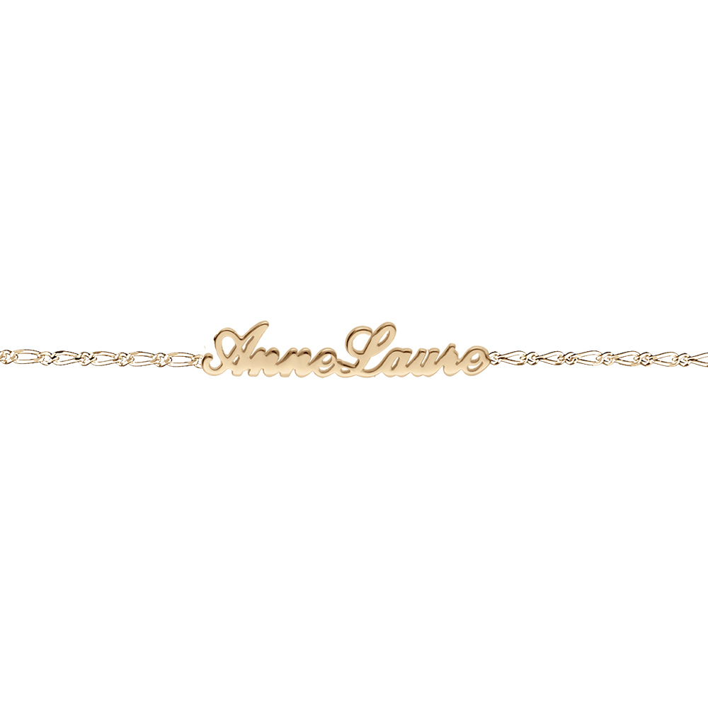 Bracelet en plaqué or chaîne mailles 1+1 largeur 2mm avec découpe anglaise 1 prénom - longueur 18,5cm réglable 17cm