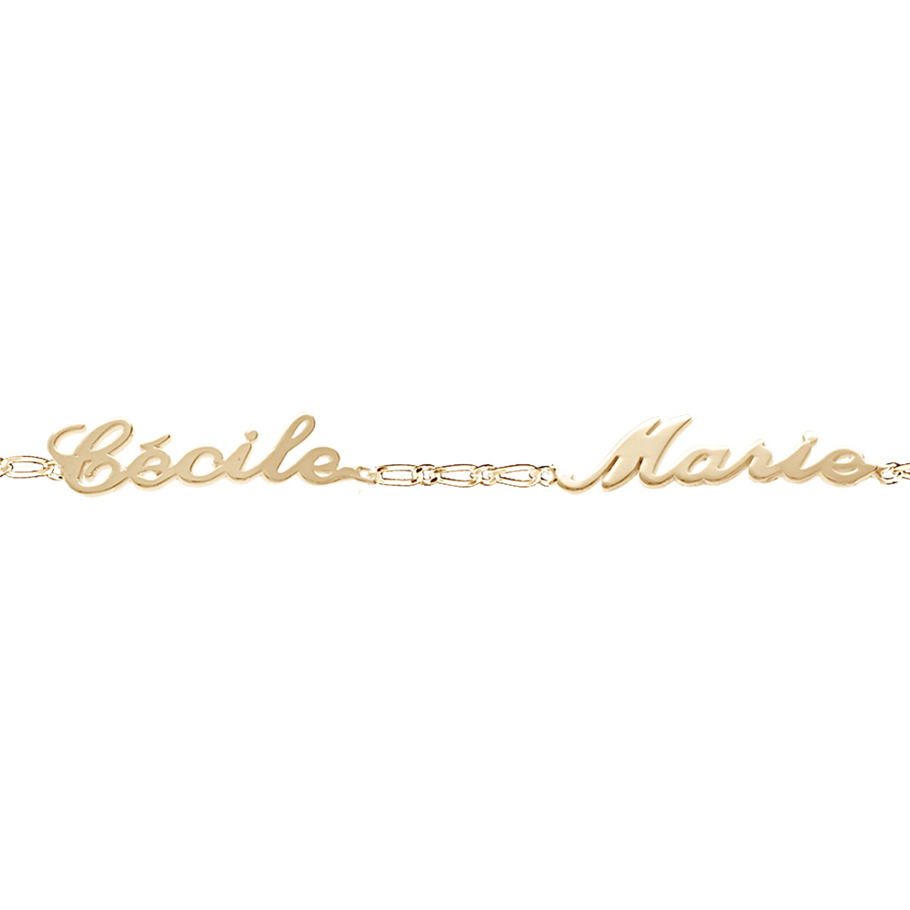 Bracelet en plaqué or chaîne mailles 1+1 largeur 2mm avec découpe anglaise 2 prénoms - longueur 18,5cm réglable 17cm