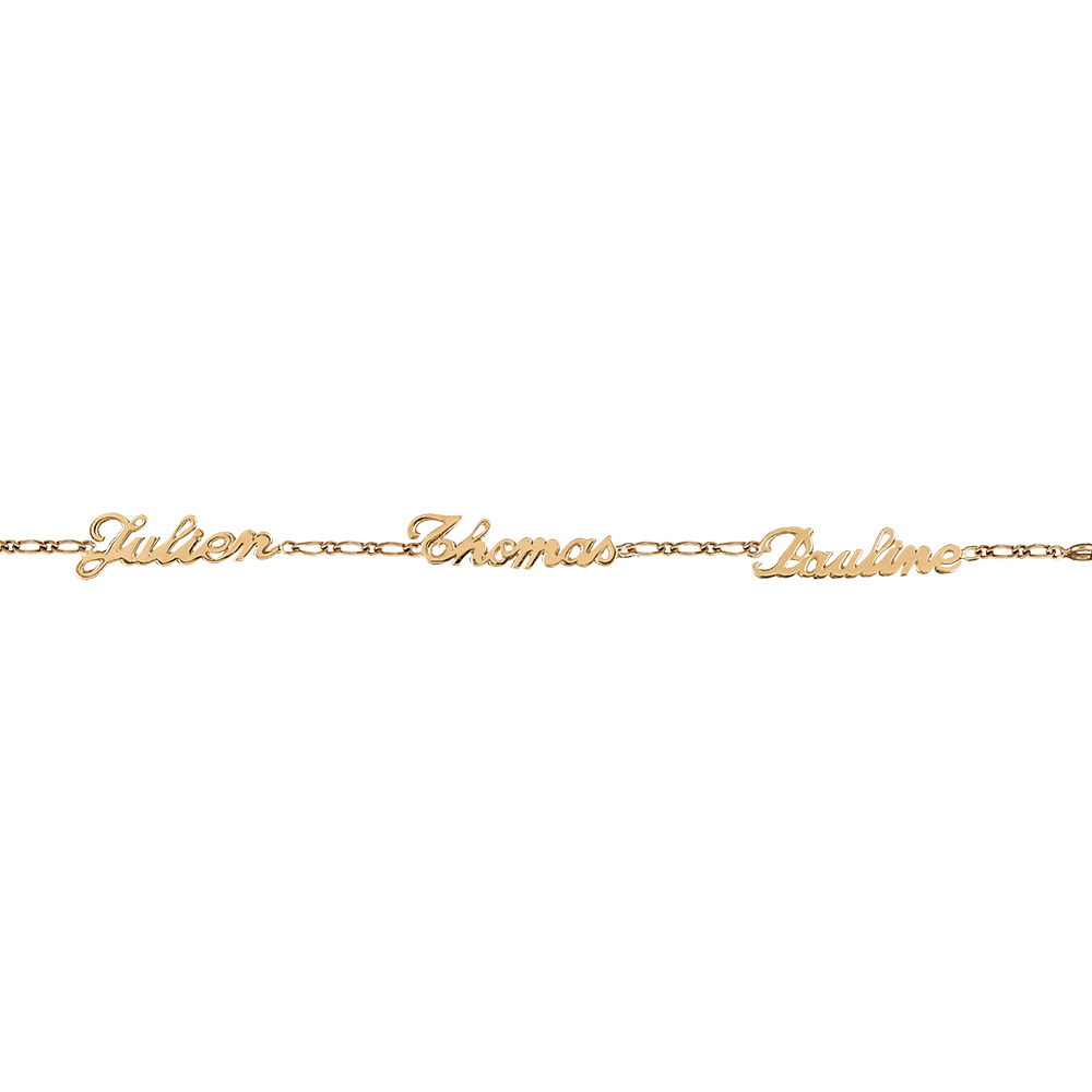 Bracelet en plaqué or chaîne mailles 1+1 largeur 2mm avec découpe anglaise 3 prénoms - longueur 18,5cm réglable 17cm