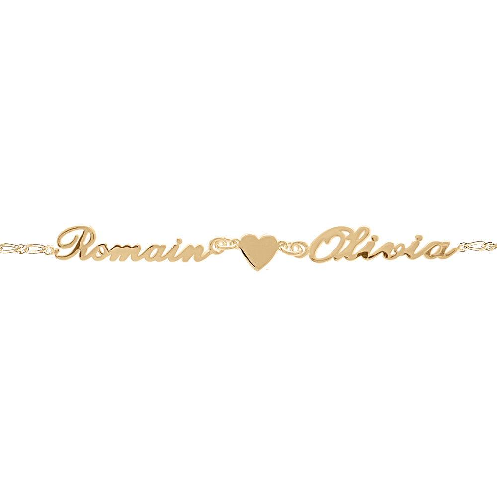 Bracelet en plaqué or chaîne mailles 1+1 largeur 2mm avec découpe anglaise 2 prénoms séparés par un coeur - longueur 18,5cm réglable 17cm