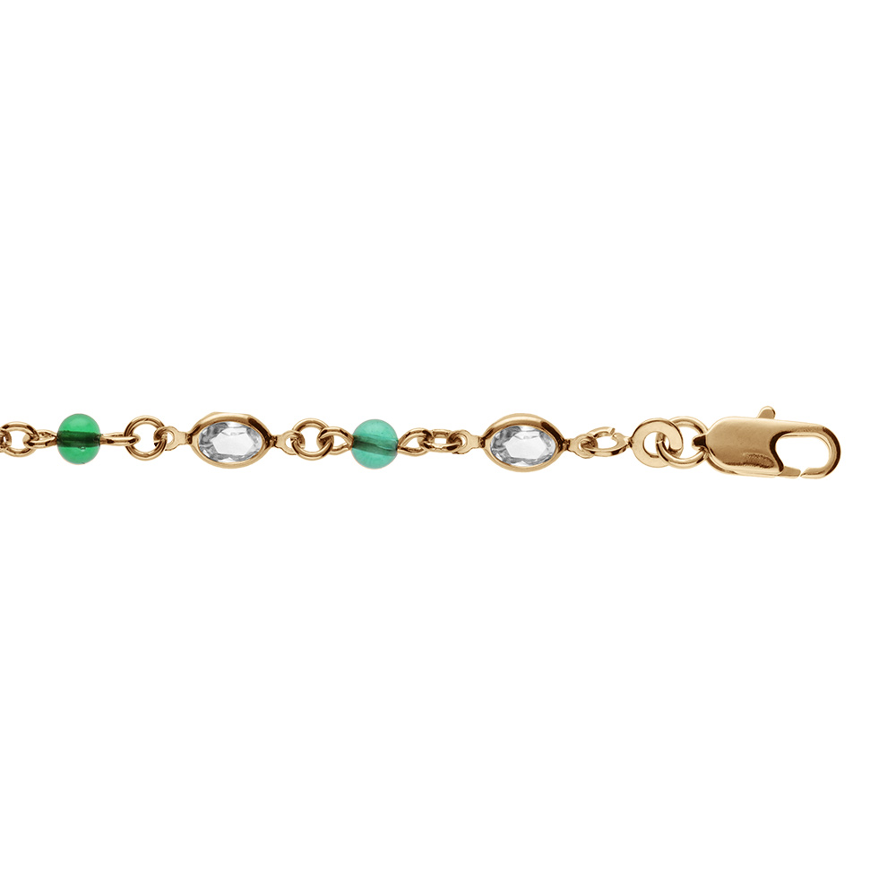 Bracelet en plaqué or tutti frutti navette transparente et perle verte 16+3cm