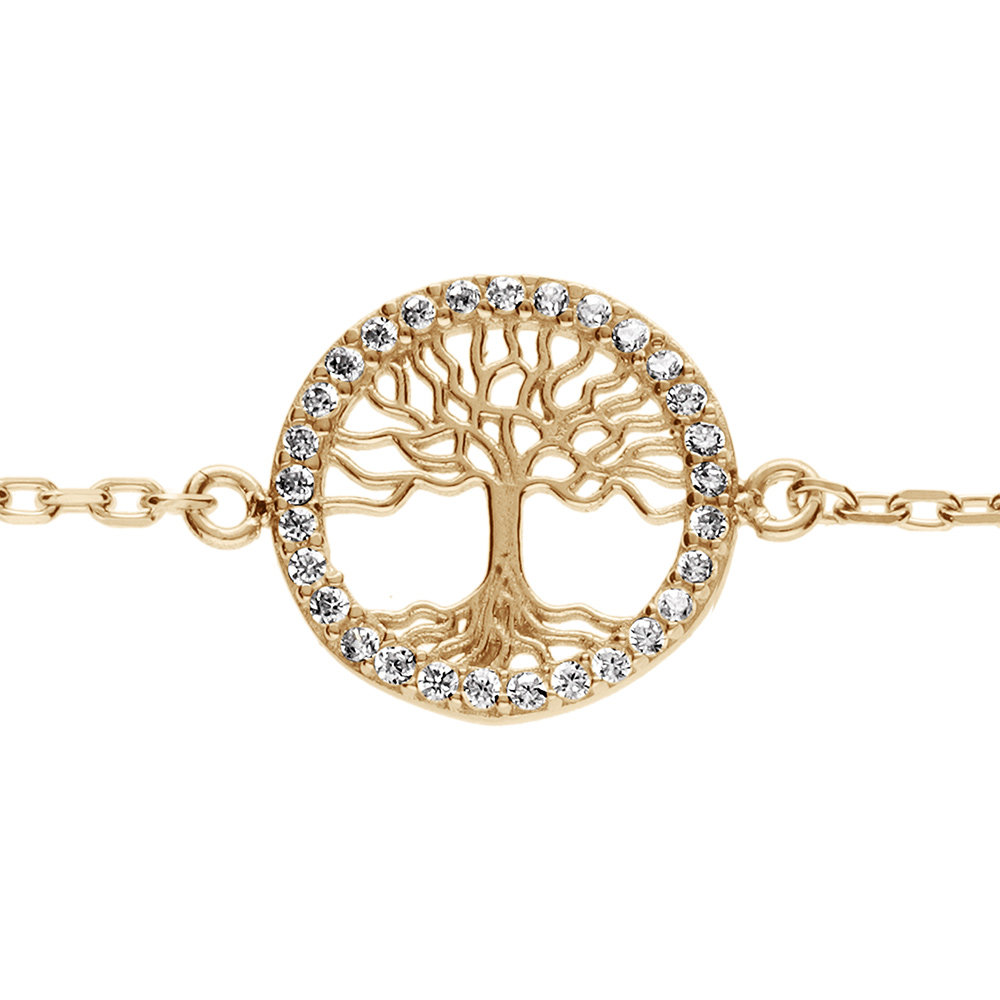 Bracelet en plaqué or arbre de vie contour oxydes blancs sertis 16+4cm