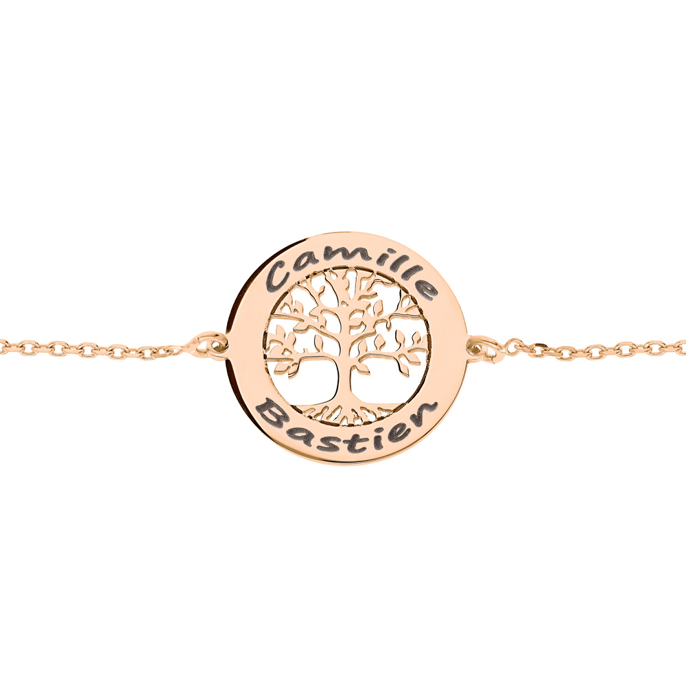 Bracelet en plaqué or rose chaîne avec pastille à graver petit arbre de vie 20mm 15,5+3cm