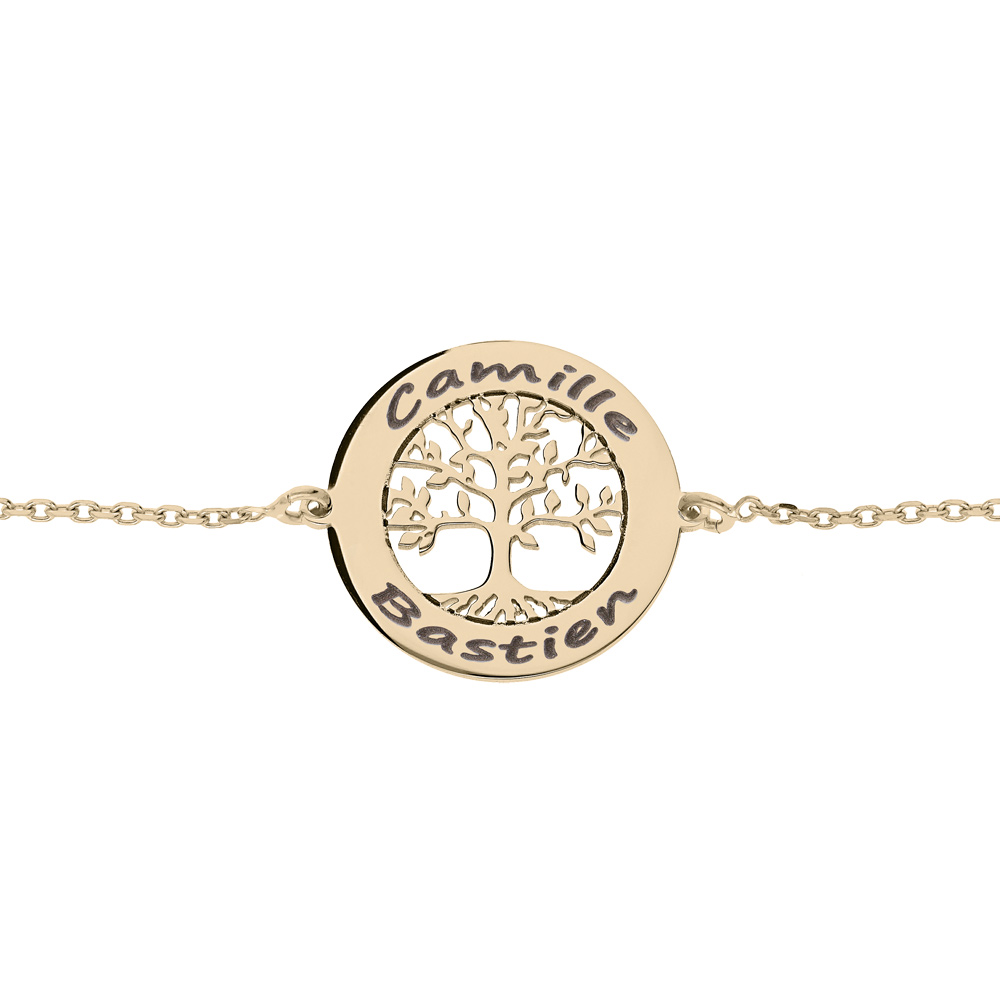 Bracelet en plaqué or jaune chaîne avec pastille à graver petit arbre de vie 20mm 15,5+3cm