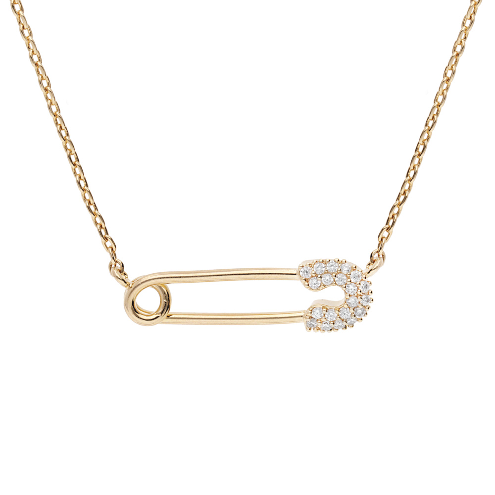 Collier en plaqué or chaîne avec épingle à nourrice et oxydes blancs sertis 39,5+5
