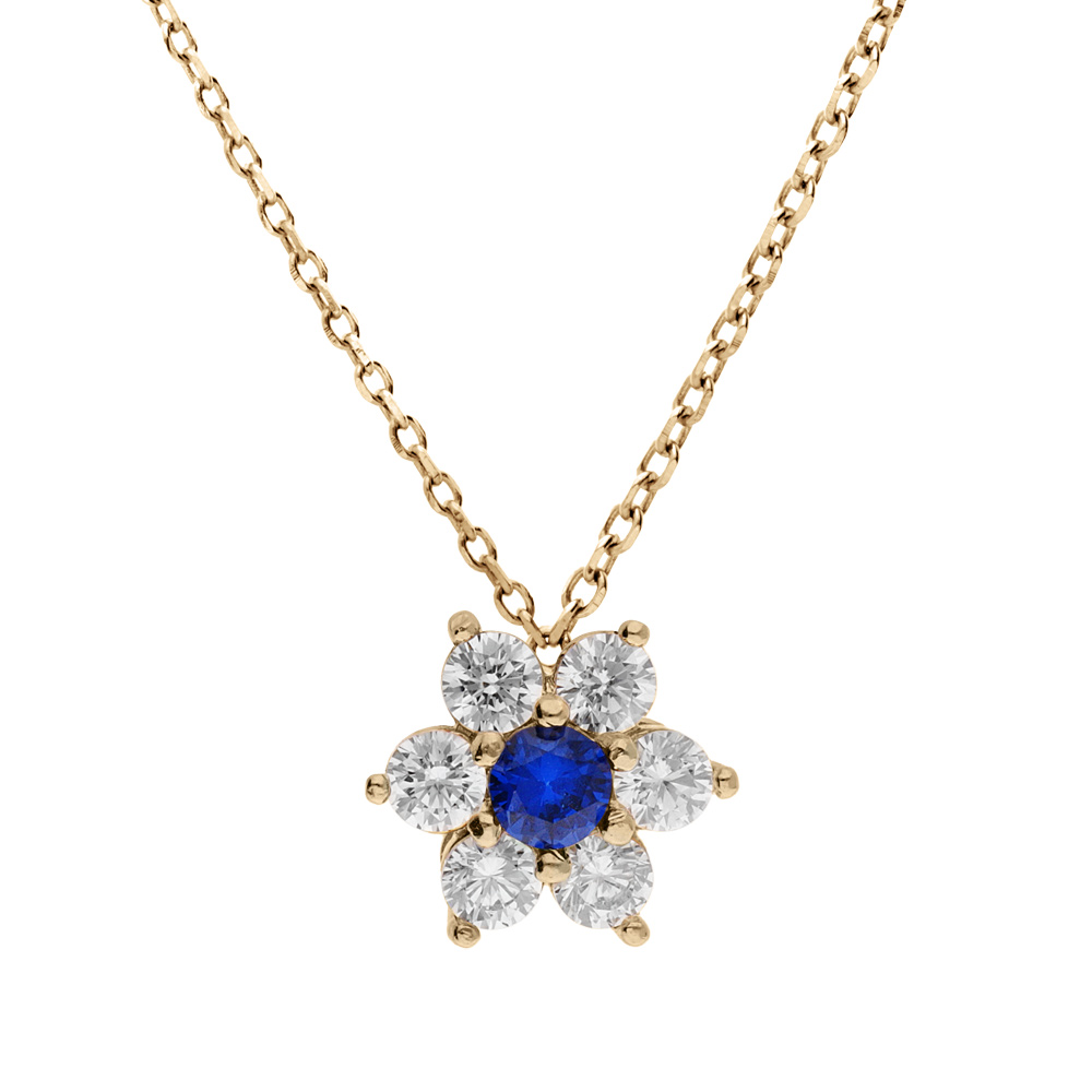 Collier en plaqué or chaîne avec pendentif marguerite oxydes centre bleu foncé et contour blancs sertis 40+5cm