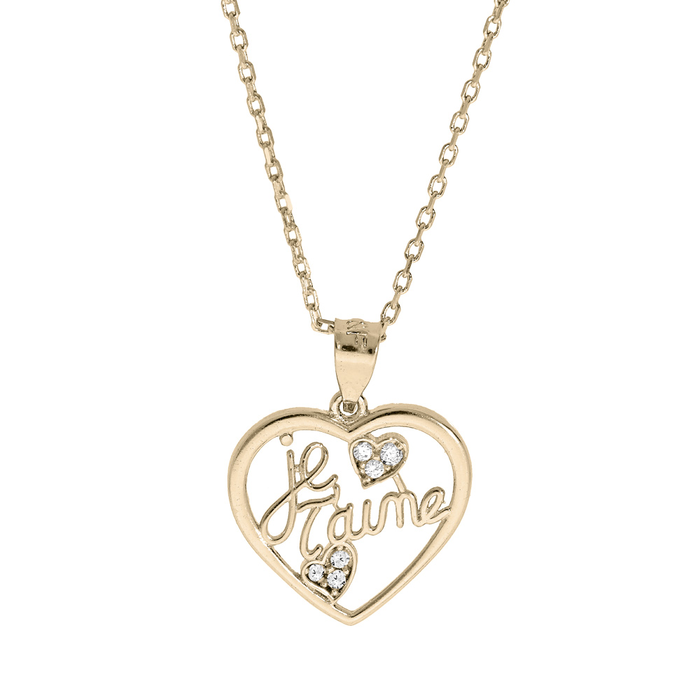 Collier en plaqué or chaîne avec pendentif coeur "je t'aime" oxydes blancs sertis 40+5cm