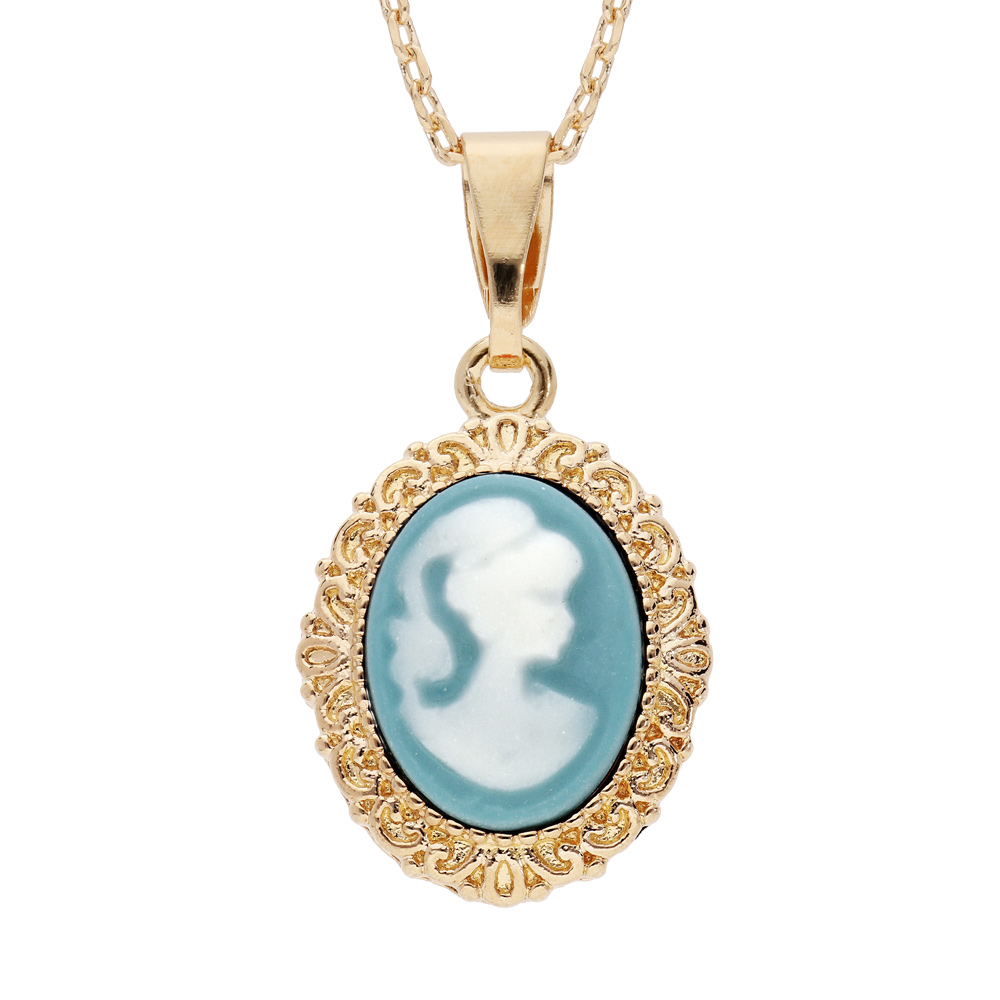 Collier en plaqué or chaîne avec pendentif Camée sur fond turquoise 40+5cm