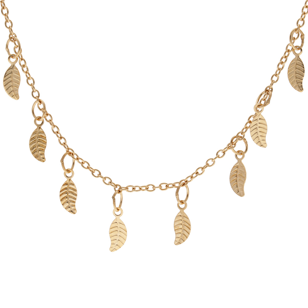Collier en plaqué or chaîne avec pampilles feuilles 42+3cm