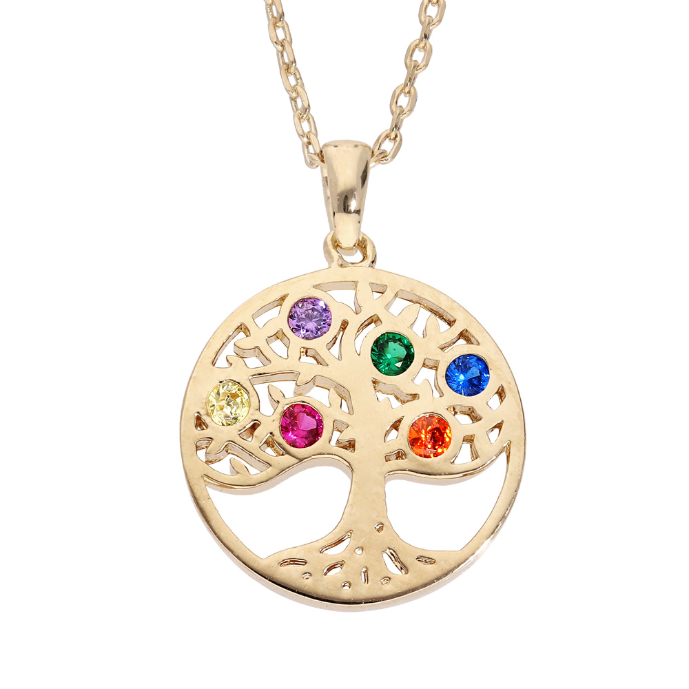 Collier en plaqué or chaîne avec pendentif rond arbre de vie empierré multicolore 40+5cm