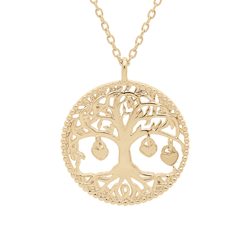 Collier en plaqué or chaîne avec pendentif arbre de vie et pampilles 3 coeurs doré (couple famille) 44cm réglable 42 et 40