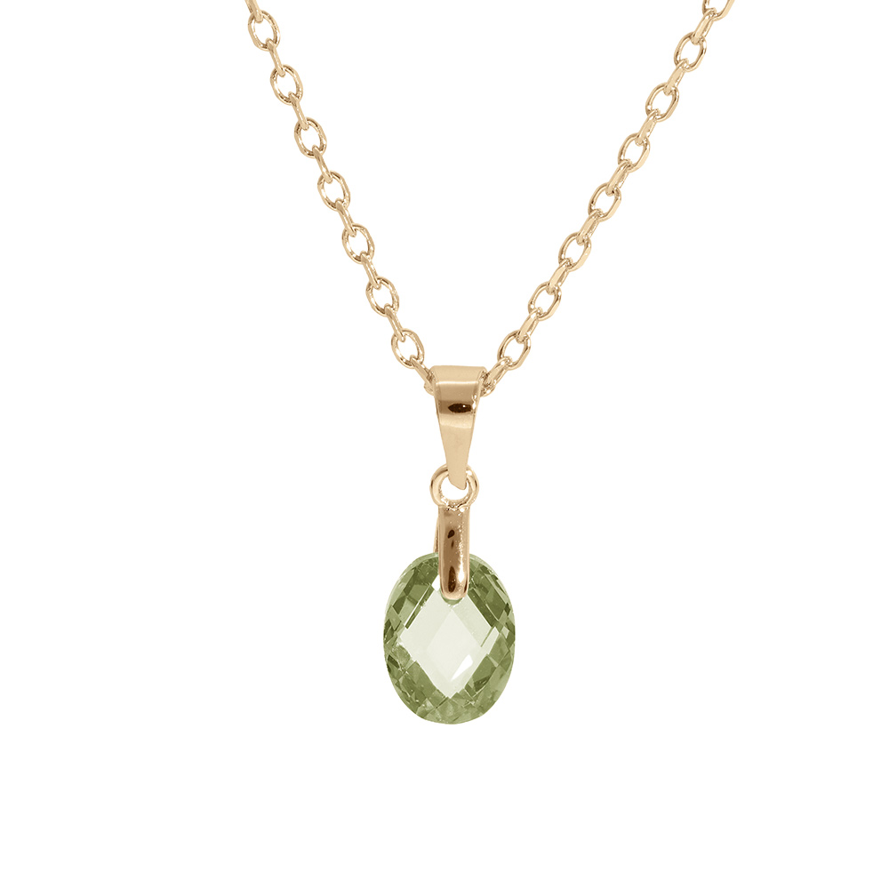 Collier en plaqué or chaîne avec pendentif goutte oxyde vert olive faceté 40+5cm