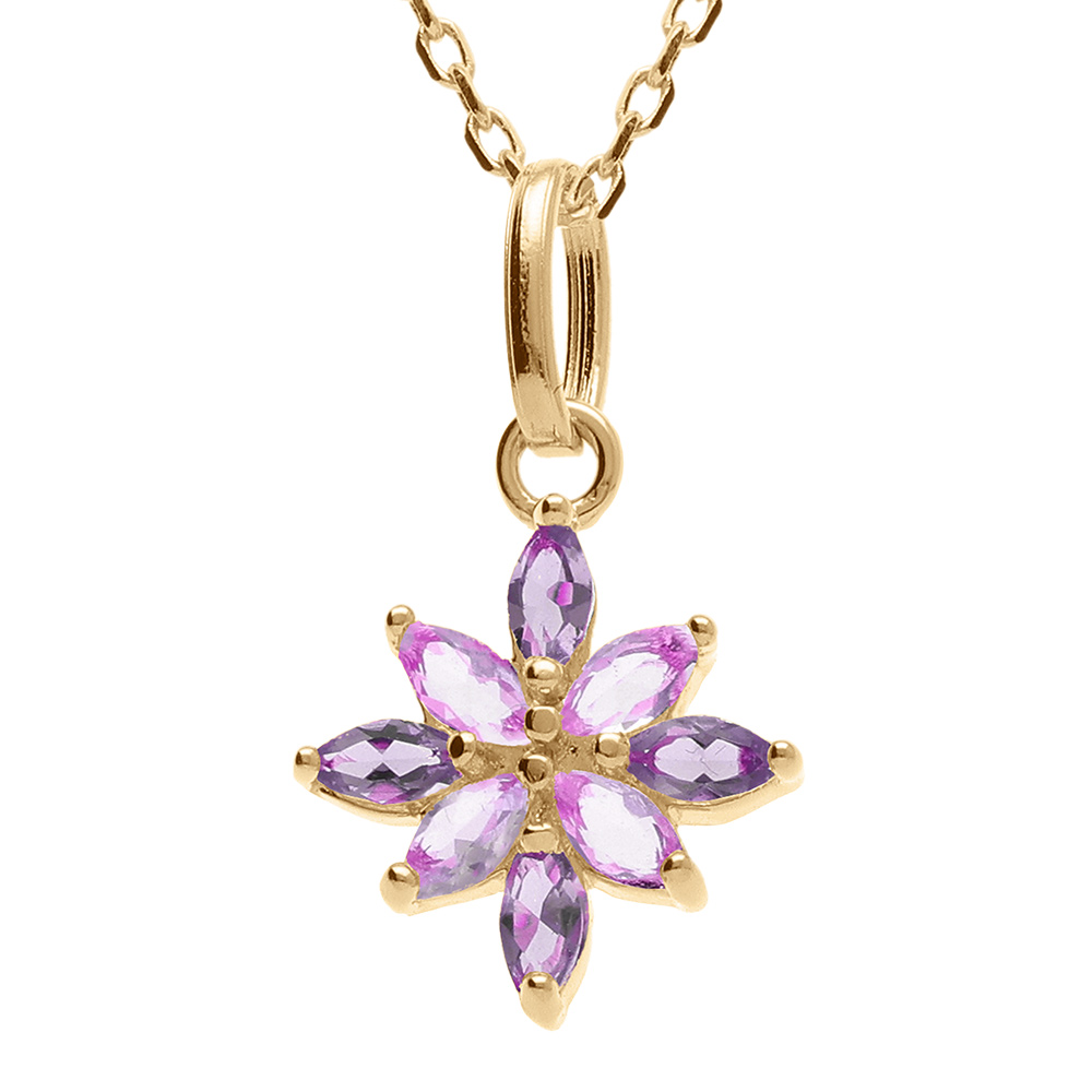 Collier en plaqué or pendentif fleur avec oxydes violets et roses -  38+4cm