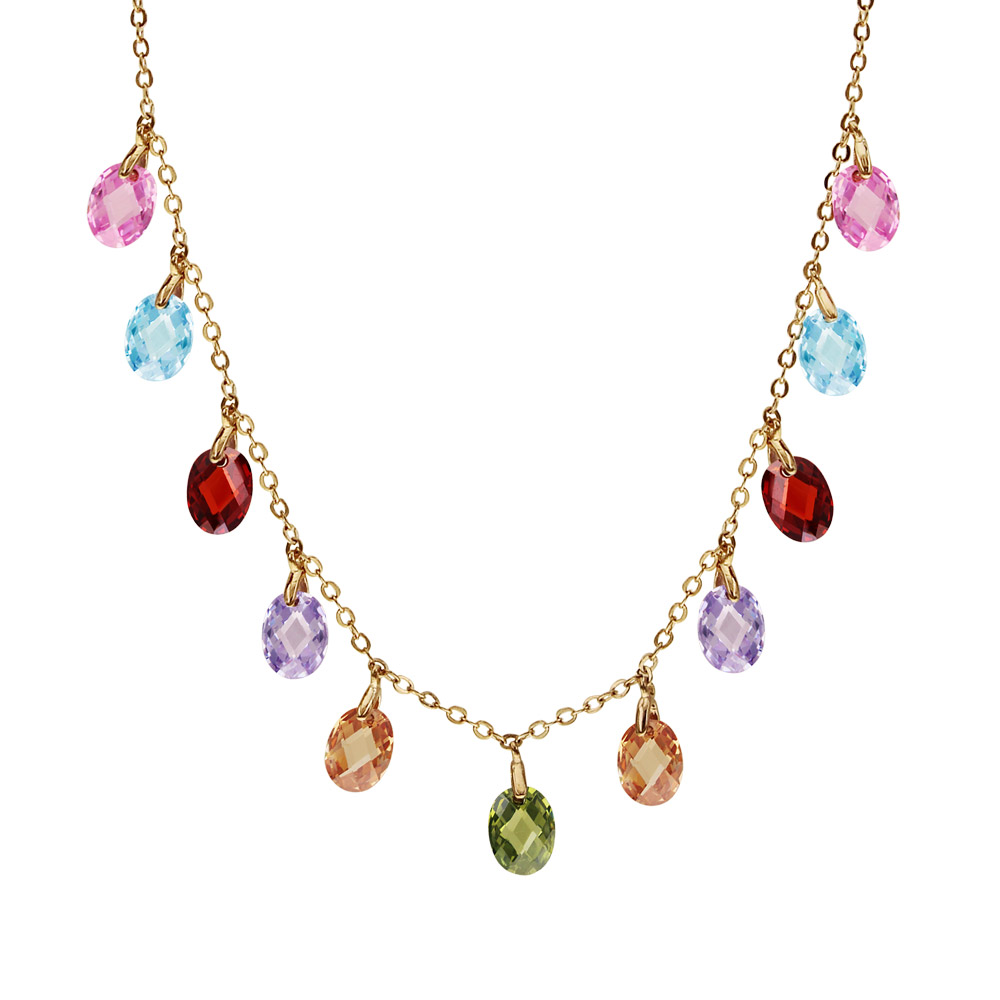Collier en plaqué or pampilles gouttes multicolores 42cm + 3cm