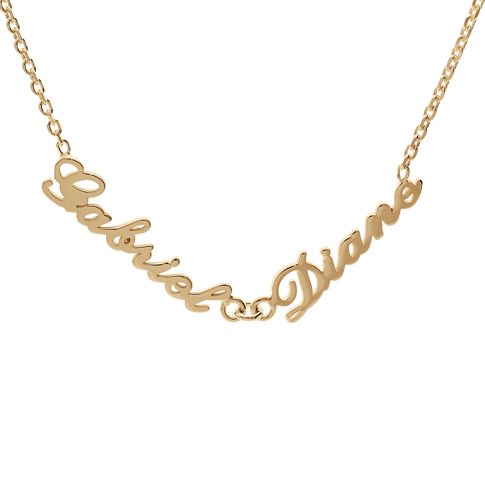 Collier en plaqué or chaîne maille forçat avec découpe anglaise 2 prénoms - longueur 40cm + 3cm de rallonge