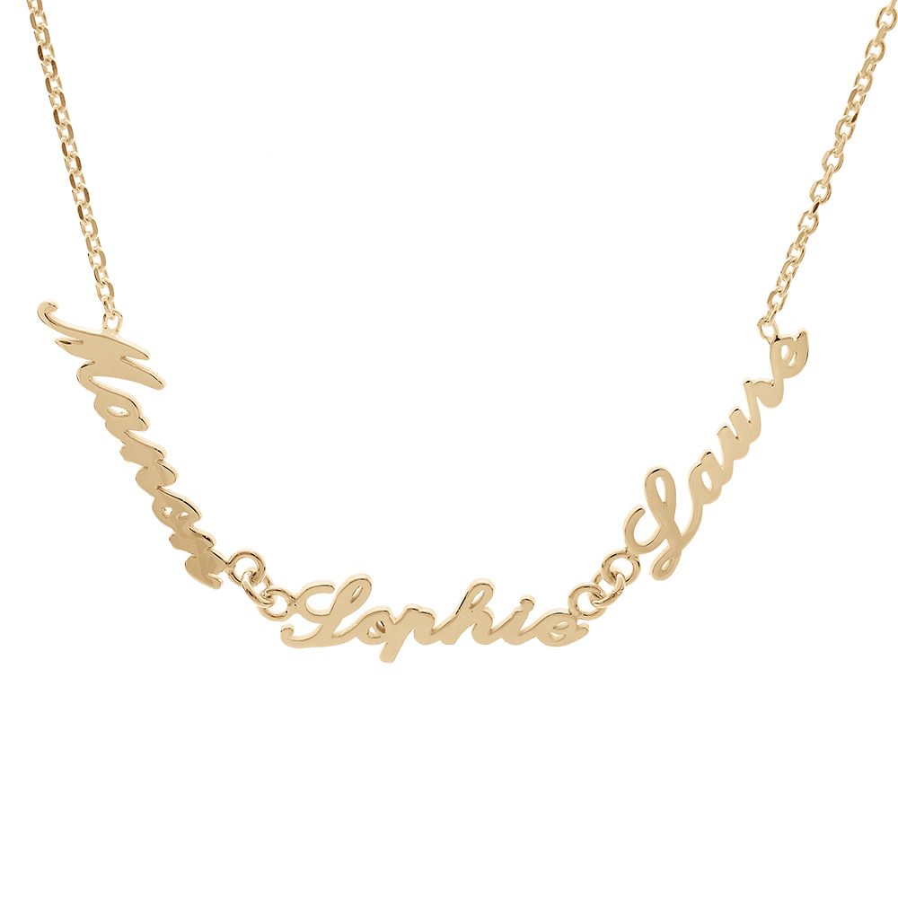 Collier en plaqué or chaîne maille forçat avec découpe anglaise 3 prénoms - longueur 40cm + 3cm de rallonge