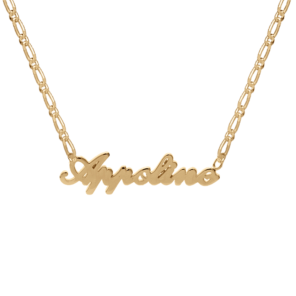 Collier en plaqué or chaîne mailles 1+1 largeur 2mm avec découpe anglaise 1 prénom - longueur 40cm + 3cm de rallonge