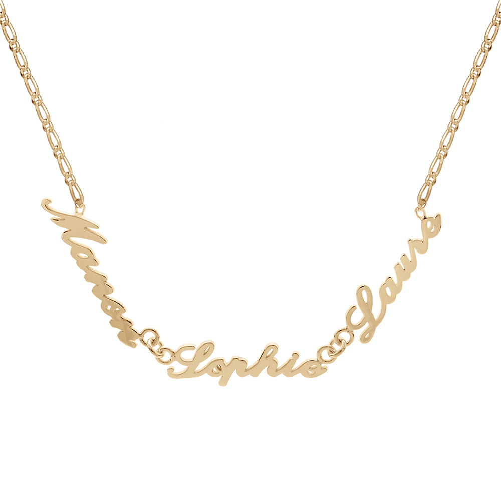 Collier en plaqué or chaîne mailles 1+1 largeur 2mm avec découpe anglaise 3 prénoms - longueur 40cm + 3cm de rallonge