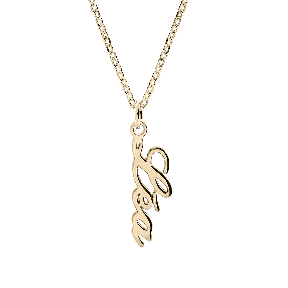 Collier en plaqué or chaîne forçat avec découpe anglaise prénom au laser en verticale