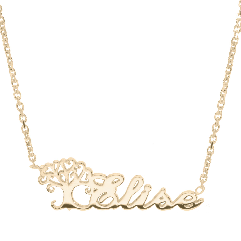 Collier en plaqué orchaîne avec prénom découpe anglaise motif arbre de vie 43cm