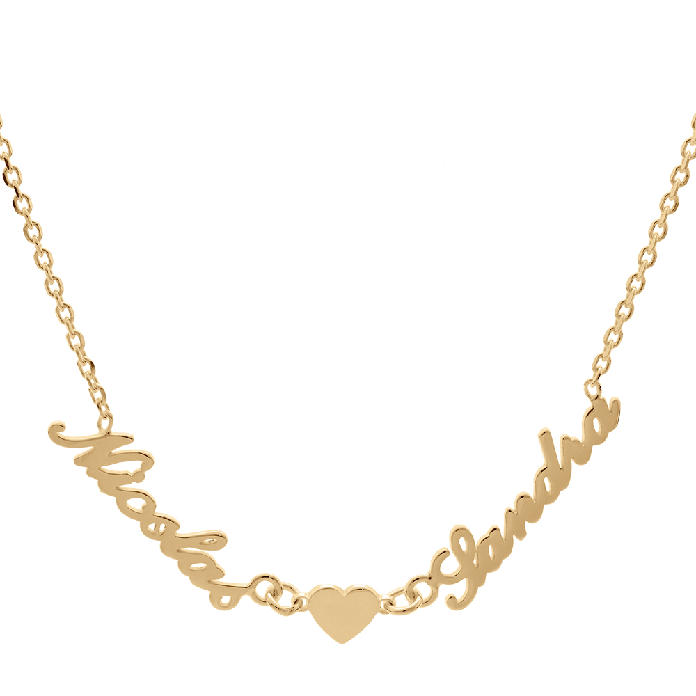 Collier en plaqué or chaîne maille forçat avec découpe anglaise 2 prénoms séparés par un coeur - longueur 40cm + 3cm de rallonge