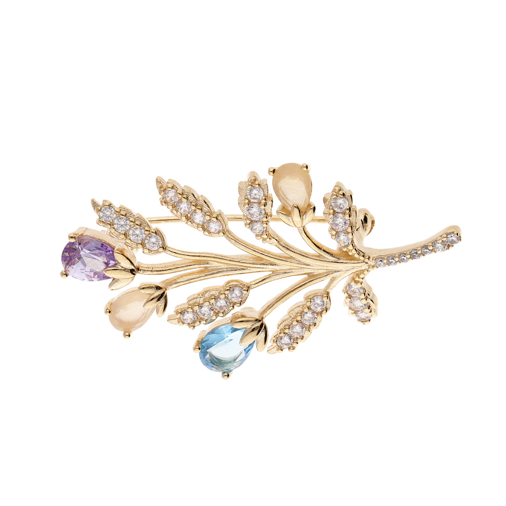 Broche en plaqué or motif feuillage avec oxydes couleurs pastels et blancs sertis Broche en plaqué or motif feuillage avec oxydes couleurs pastels et blancs sertis