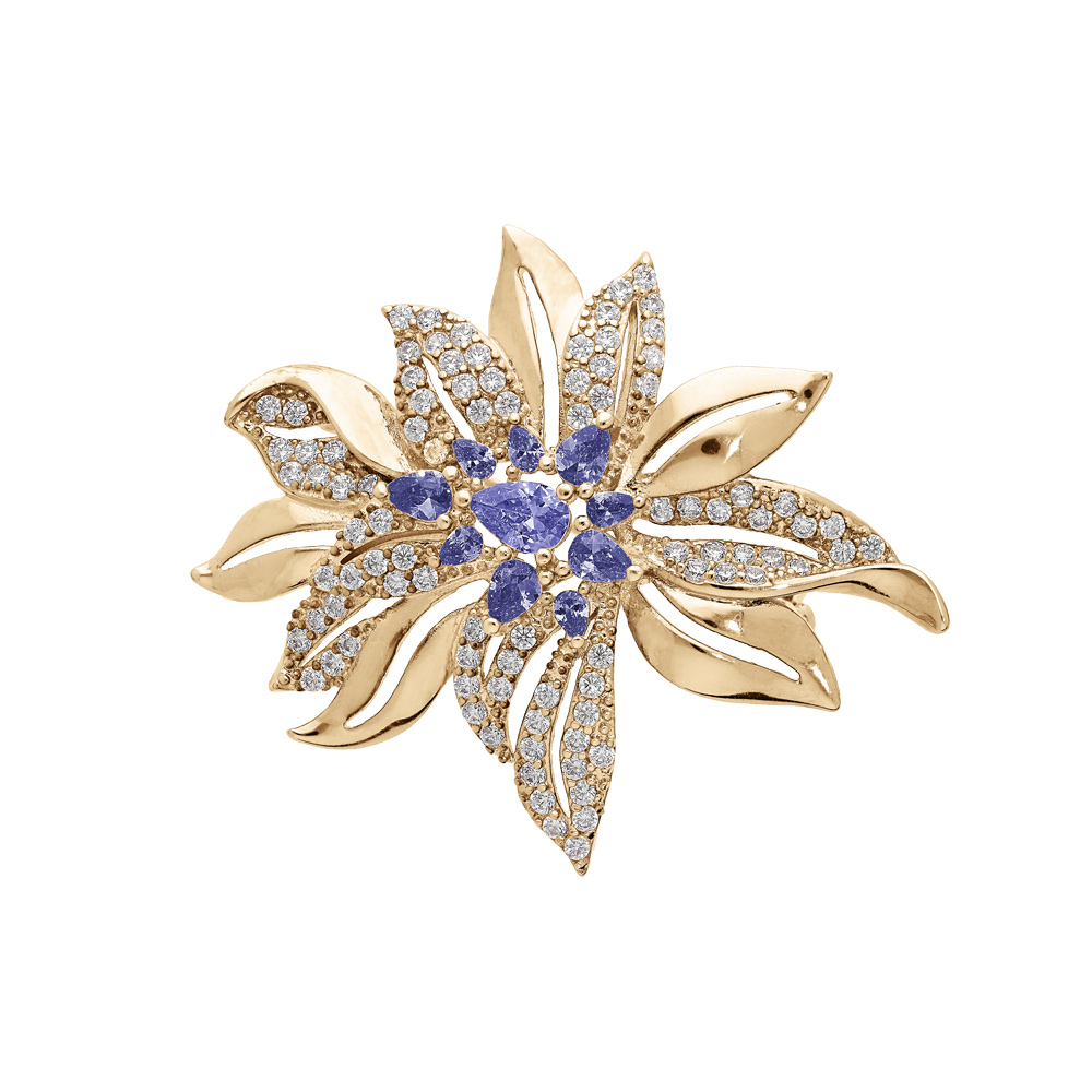 Broche en plaqué or motif fleur avec oxydes bleus et blancs sertis Broche en plaqué or motif fleur avec oxydes bleus et blancs sertis