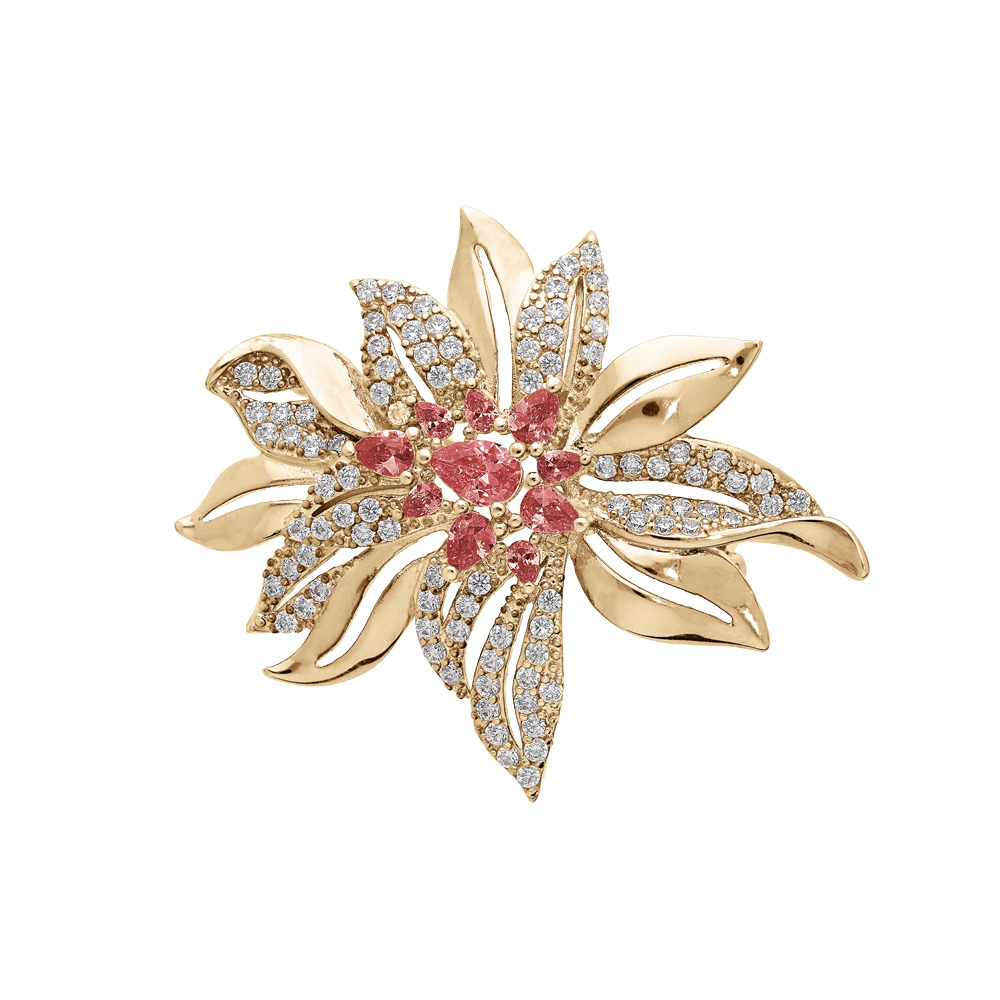 Broche en plaqué or motif fleur avec oxydes fuschia et blancs sertis Broche en plaqué or motif fleur avec oxydes fuschia et blancs sertis