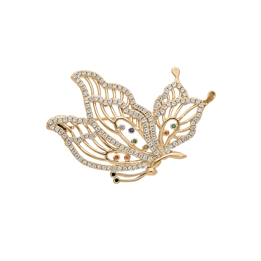 Broche en plaqué or motif papillon et oxydes multi couleurs Broche en plaqué or motif papillon et oxydes multi couleurs