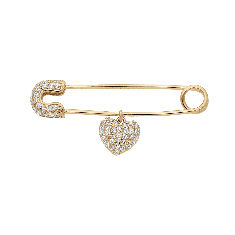 Broche en plaqué or massif épingle à nourrice avec pampille coeur