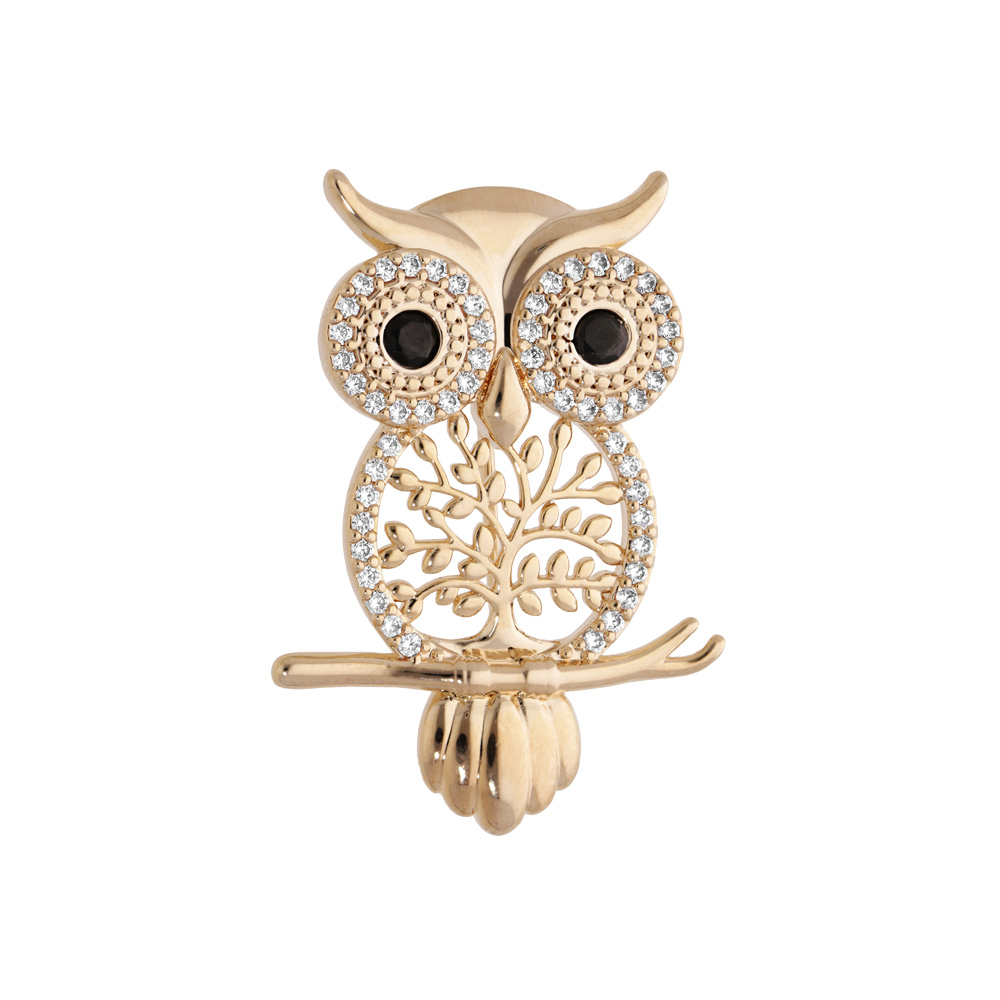 Broche en plaqué or hibou ou chouette motif arbre de vie et oxydes sertis blancs et noirs