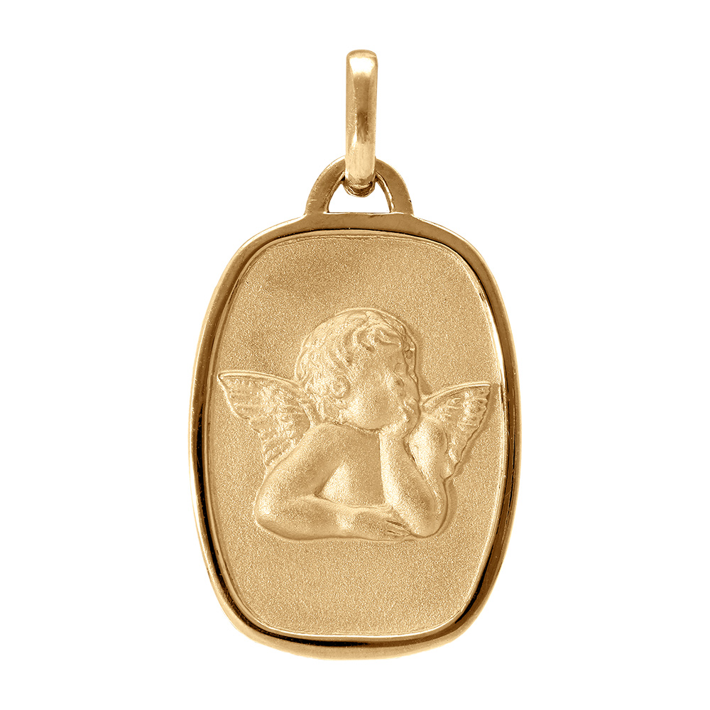 Pendentif médaille en plaqué or rectangle arrondi avec ange en relief